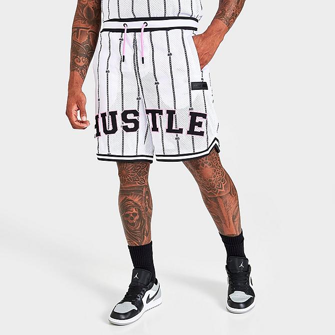 Front view of Men's Supply & Demand Hustle Script Basketball Shorts in White Click to zoom