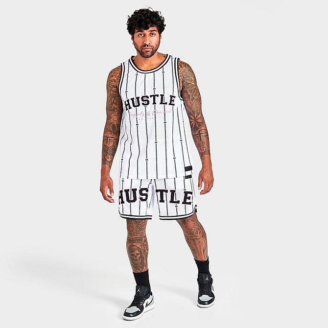 Front Three Quarter view of Men's Supply & Demand Hustle Script Basketball Shorts in White Click to zoom
