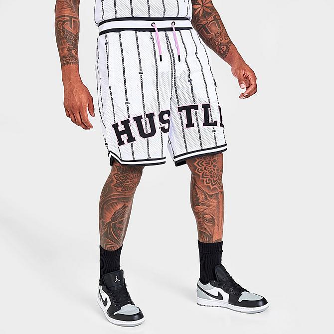Back Left view of Men's Supply & Demand Hustle Script Basketball Shorts in White Click to zoom