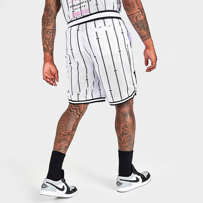 Back Right view of Men's Supply & Demand Hustle Script Basketball Shorts in White Click to zoom