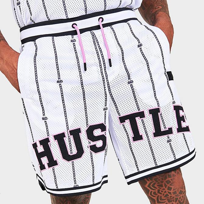On Model 5 view of Men's Supply & Demand Hustle Script Basketball Shorts in White Click to zoom