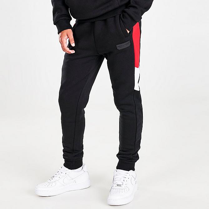 Front Three Quarter view of Boys' Supply & Demand Walker Jogger Pants in Black/Red/White Click to zoom