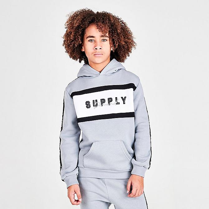 Front view of Boys' Supply & Demand Stripe Taped Colorblock Crewneck Sweatshirt in Light Grey Click to zoom