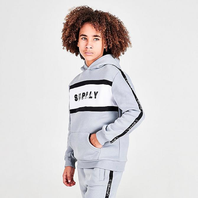 Back Left view of Boys' Supply & Demand Stripe Taped Colorblock Crewneck Sweatshirt in Light Grey Click to zoom