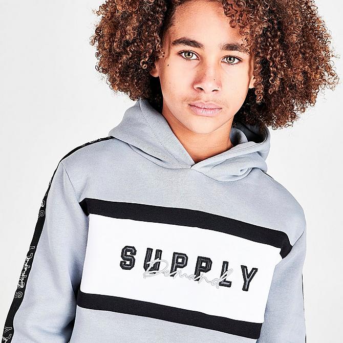 On Model 5 view of Boys' Supply & Demand Stripe Taped Colorblock Crewneck Sweatshirt in Light Grey Click to zoom