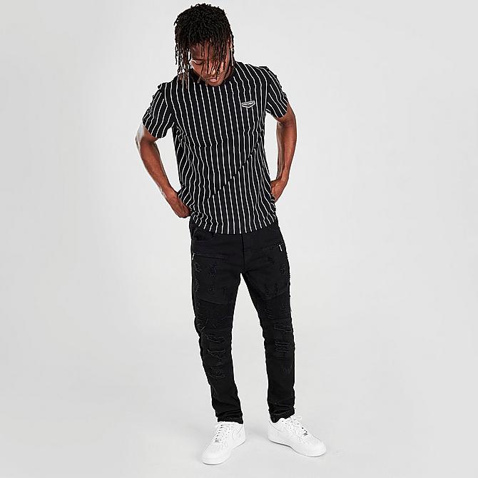 Front Three Quarter view of Men's Supply & Demand Core Pinstripe T-Shirt in Black/White Click to zoom