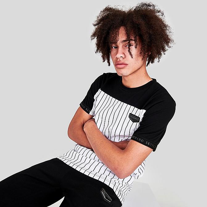 Front view of Men's Supply & Demand Duo Pinstripe T-Shirt in Black/White Click to zoom