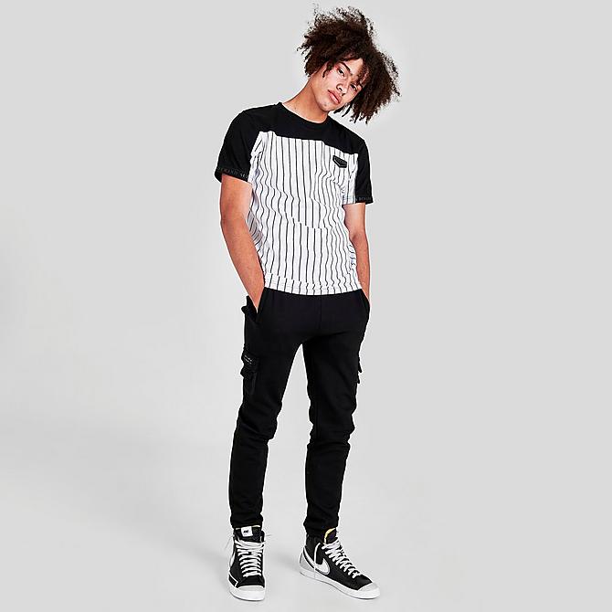 Front Three Quarter view of Men's Supply & Demand Duo Pinstripe T-Shirt in Black/White Click to zoom