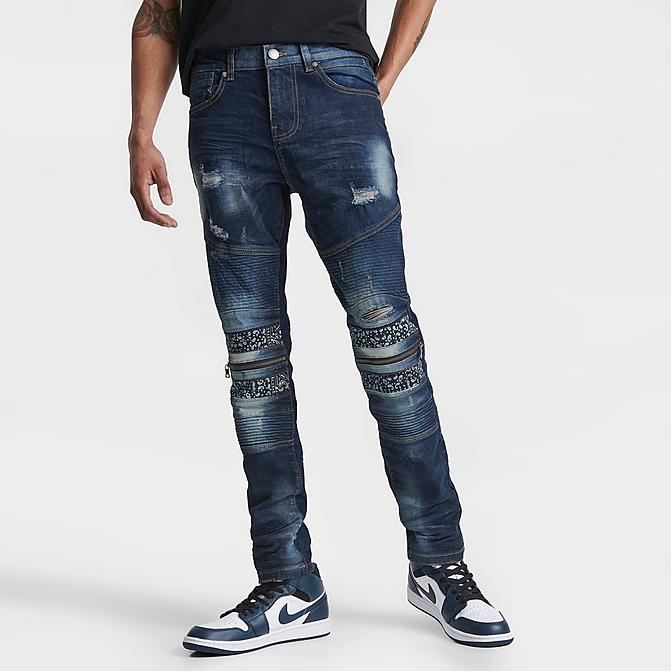 Front view of Men's Supply & Demand Bandana Moto Denim Jeans in Indigo Click to zoom