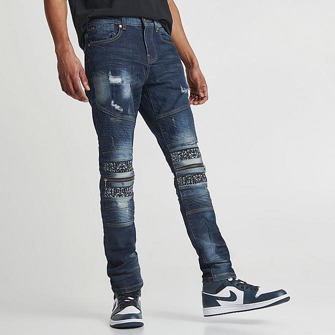 Back Left view of Men's Supply & Demand Bandana Moto Denim Jeans in Indigo Click to zoom