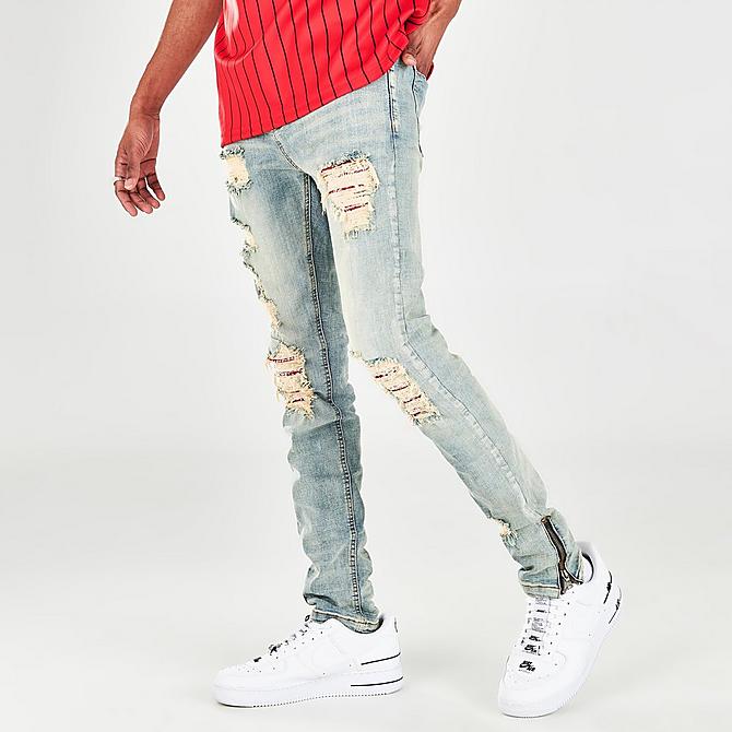 Front Three Quarter view of Men's Supply & Demand Bandana Distressed Denim Jeans in Washed Indigo Click to zoom