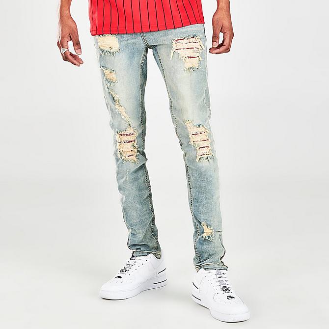 Back Left view of Men's Supply & Demand Bandana Distressed Denim Jeans in Washed Indigo Click to zoom