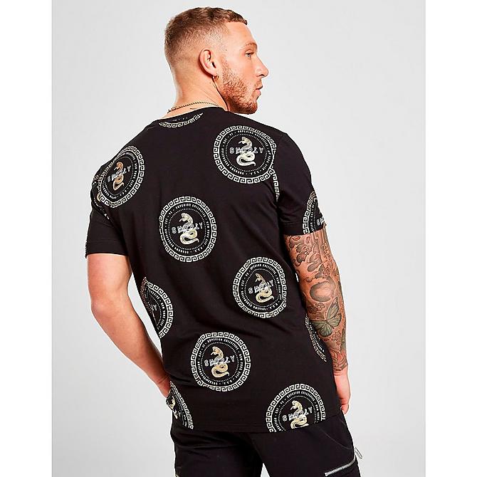 Back Right view of Men's Supply & Demand Shrine Graphic Short-Sleeve T-Shirt in Black/Metallic Gold Click to zoom