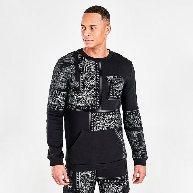 Front view of Men's Supply & Demand Dropper All-Over Print Crewneck Sweatshirt in Black/White Click to zoom