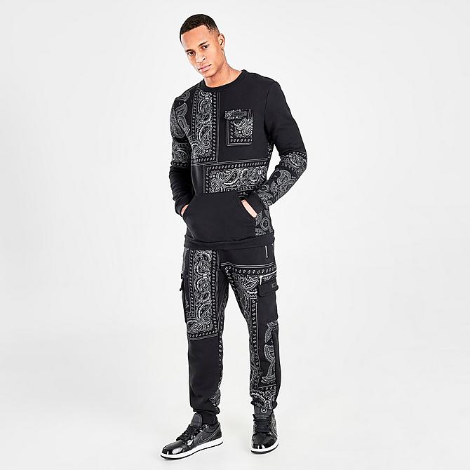 Front Three Quarter view of Men's Supply & Demand Dropper All-Over Print Crewneck Sweatshirt in Black/White Click to zoom