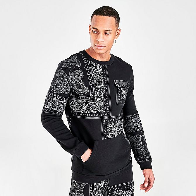 Back Left view of Men's Supply & Demand Dropper All-Over Print Crewneck Sweatshirt in Black/White Click to zoom
