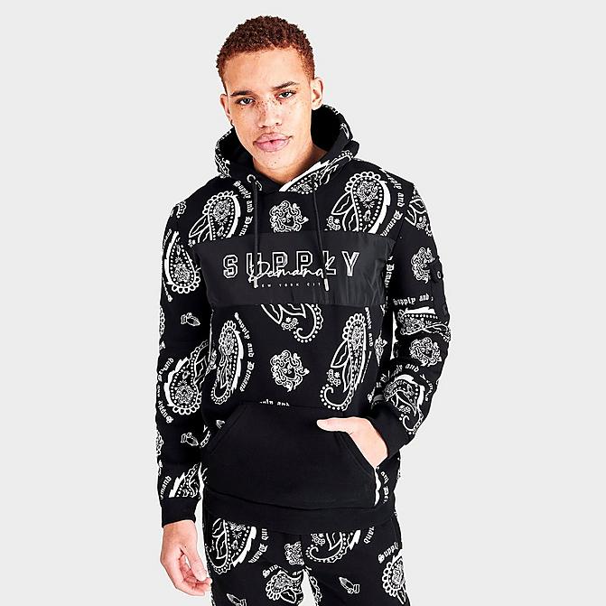 Front view of Men's Supply & Demand Paisley Spray Hoodie in Black/White Click to zoom