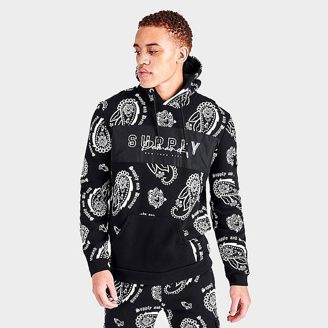 Back Left view of Men's Supply & Demand Paisley Spray Hoodie in Black/White Click to zoom