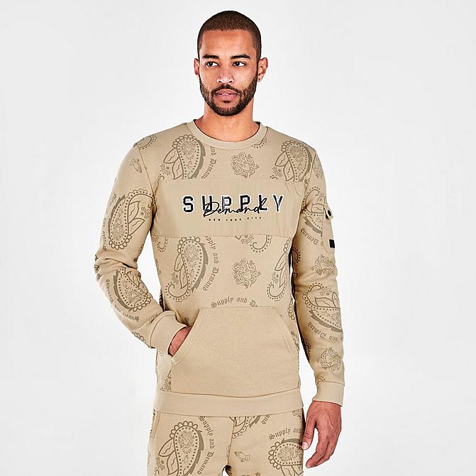 Front view of Men's Supply & Demand Paisley Spray Crewneck Sweatshirt in Tan/White Click to zoom