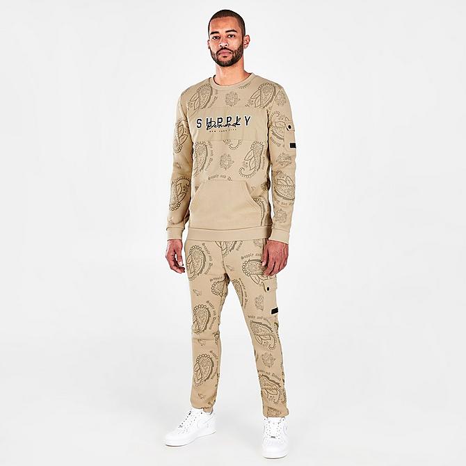Front Three Quarter view of Men's Supply & Demand Paisley Spray Crewneck Sweatshirt in Tan/White Click to zoom