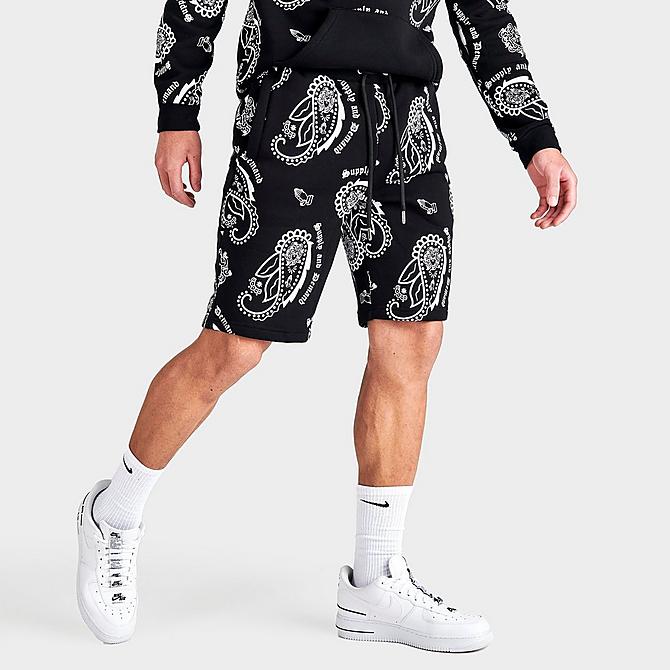 Back Left view of Men's Supply & Demand Paisley Spray Shorts in Black/White Click to zoom