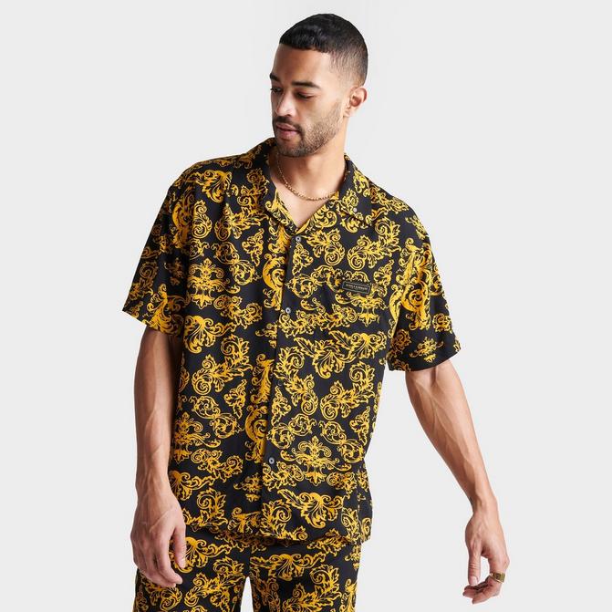 Supply and Demand Men's London Chain Riviera Button Up Camp Shirt in Black/Yellow/Black Size Large