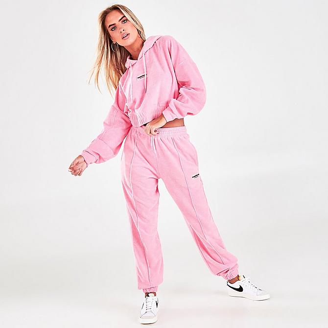 Front Three Quarter view of Women's Supply & Demand Towelling Crop Hoodie in Mid Pink Click to zoom