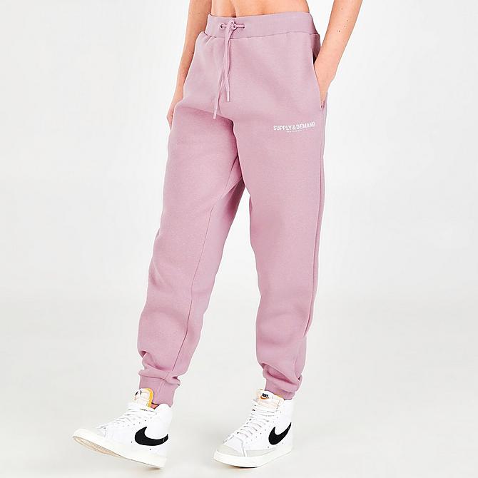 Front Three Quarter view of Women's Supply & Demand Logo Joggers in Pink Click to zoom
