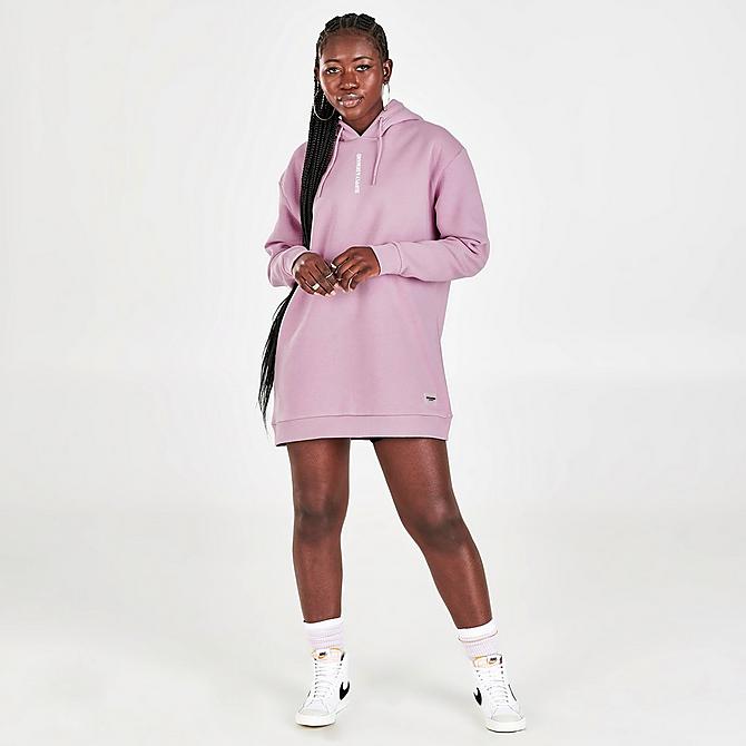 Front Three Quarter view of Women's Supply & Demand NYC Logo Hoodie Dress in Mauve Click to zoom