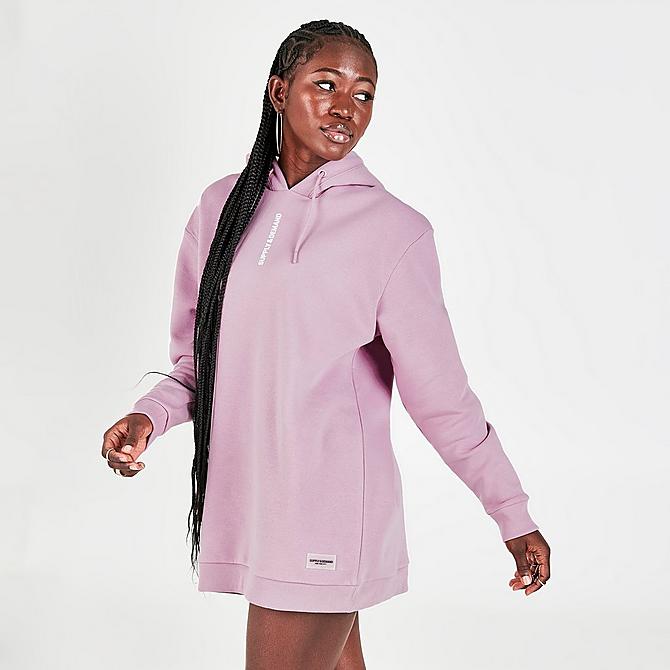 Back Left view of Women's Supply & Demand NYC Logo Hoodie Dress in Mauve Click to zoom