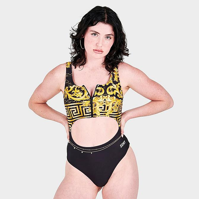 Front view of Women's Supply & Demand Regal Swimsuit in Black/Gold Click to zoom