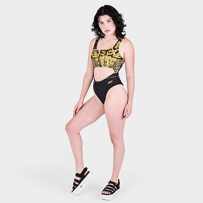 Front Three Quarter view of Women's Supply & Demand Regal Swimsuit in Black/Gold Click to zoom