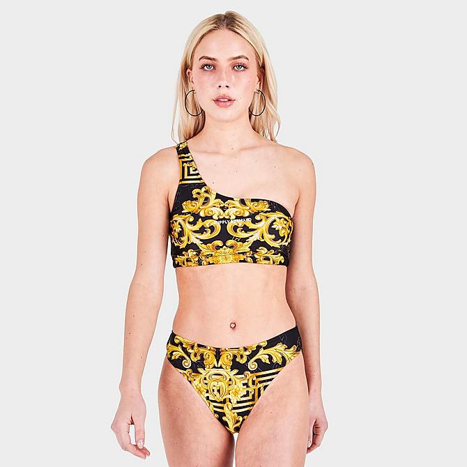 Back Left view of Women's Supply & Demand Regal Bikini Bottoms in Black/Gold Click to zoom