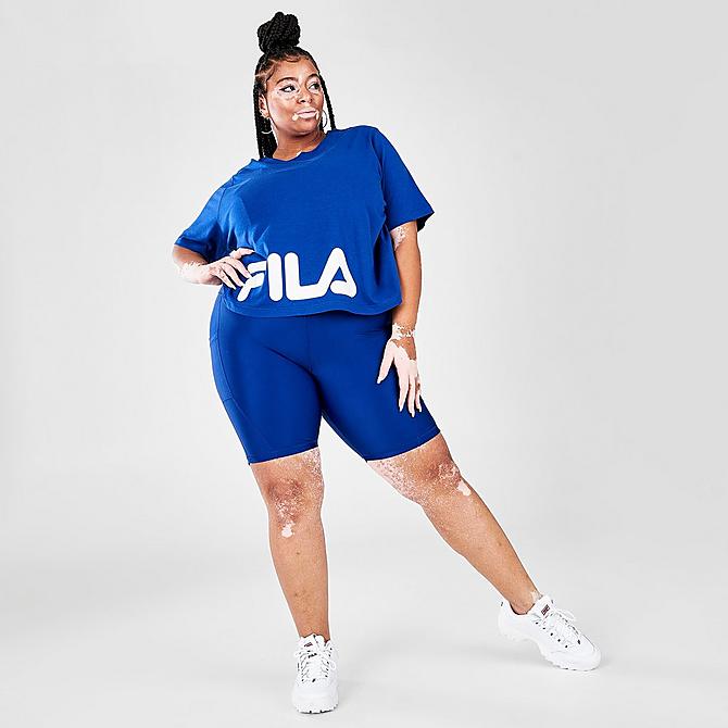 Front Three Quarter view of Women's Fila Key Player Crewneck Workout T-Shirt (Plus Size) in Mazarine Click to zoom