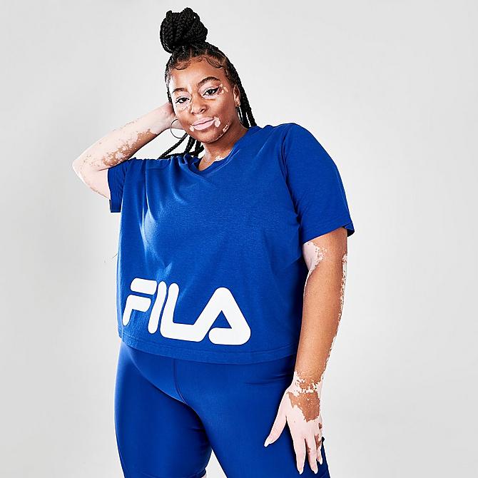 Back Right view of Women's Fila Key Player Crewneck Workout T-Shirt (Plus Size) in Mazarine Click to zoom