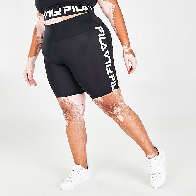 Front Three Quarter view of Women's Fila Queen Bee Bike Shorts (Plus Size) in Black Click to zoom
