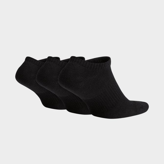 Three Quarter view of Nike Everyday Plus Cushion Training No-Show Socks (3 Pack) in Black/White Click to zoom
