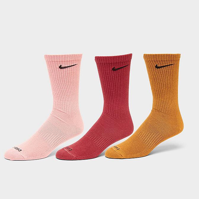 Front view of Nike Everyday Plus Lightweight Training Crew Socks (3 Pack) in Pink/Red/Yellow Click to zoom
