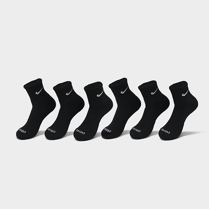 Front view of Nike Everyday Plus Cushioned 6-Pack Quarter Training Socks in Black/White Click to zoom