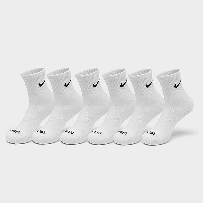 Front view of Nike Everyday Plus Cushioned 6-Pack Quarter Training Socks in White/Black Click to zoom