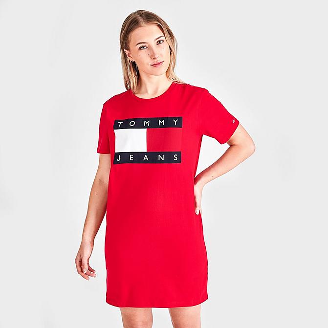 Front view of Women's Tommy Hilfiger Flag Short-Sleeve T-Shirt Dress in Scarlet Click to zoom