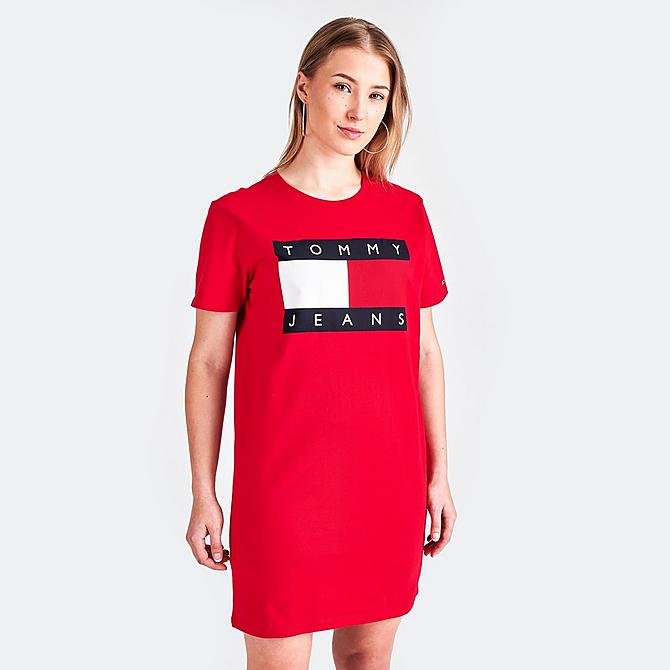 Back Left view of Women's Tommy Hilfiger Flag Short-Sleeve T-Shirt Dress in Scarlet Click to zoom