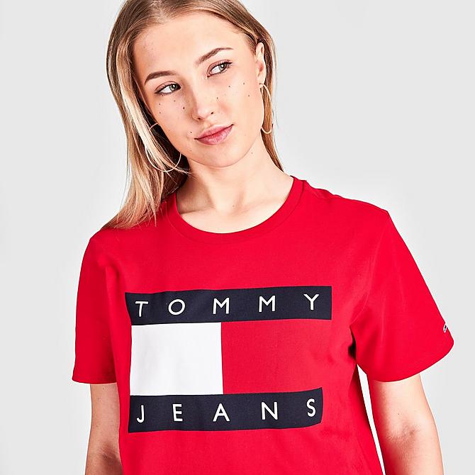 On Model 5 view of Women's Tommy Hilfiger Flag Short-Sleeve T-Shirt Dress in Scarlet Click to zoom