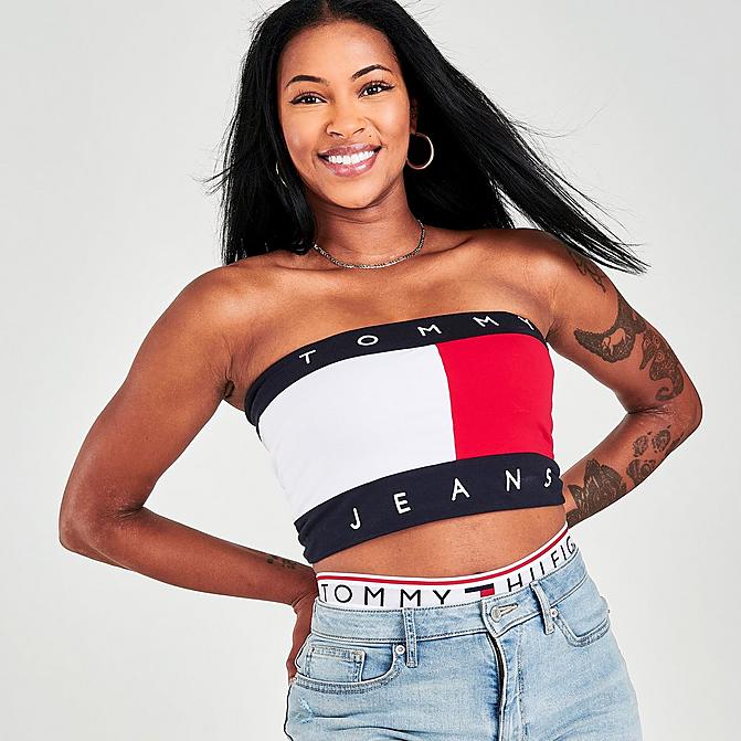 Front view of Women's Tommy Jeans Bandeau Top in Red/White/Blue Click to zoom