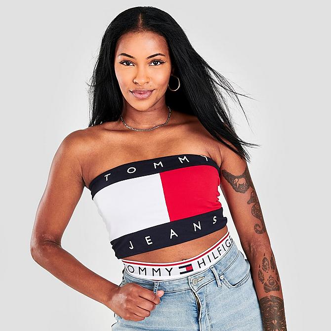 Back Left view of Women's Tommy Jeans Bandeau Top in Red/White/Blue Click to zoom