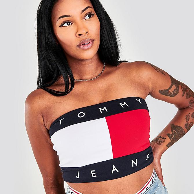 On Model 5 view of Women's Tommy Jeans Bandeau Top in Red/White/Blue Click to zoom