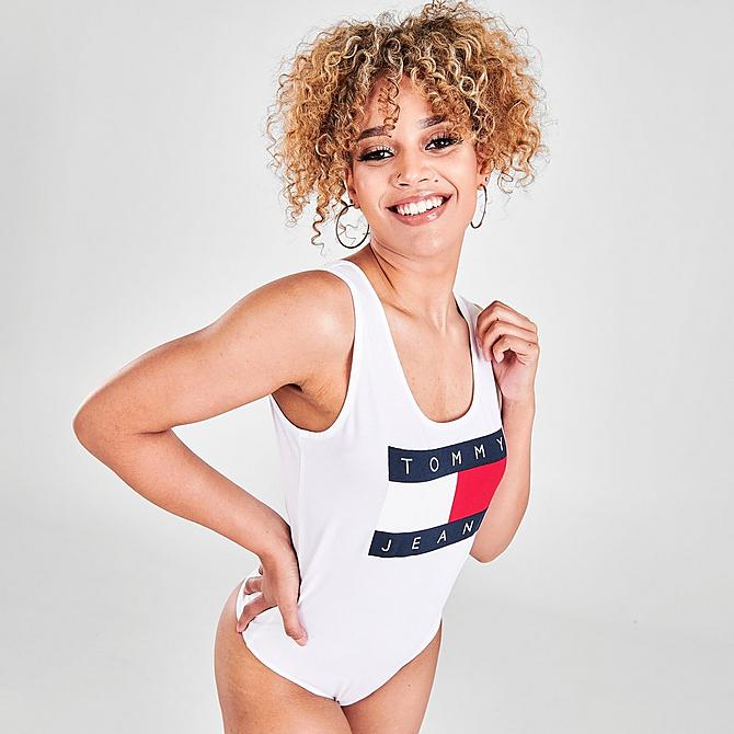Back Right view of Women's Tommy Jeans Flag Bodysuit in White Click to zoom