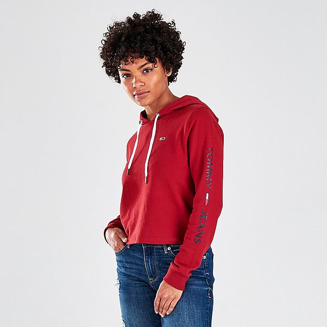 Front view of Women's Tommy Hilfiger Flag Logo Pullover Hoodie in Sundried Tomato Click to zoom