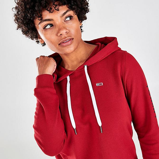 On Model 5 view of Women's Tommy Hilfiger Flag Logo Pullover Hoodie in Sundried Tomato Click to zoom
