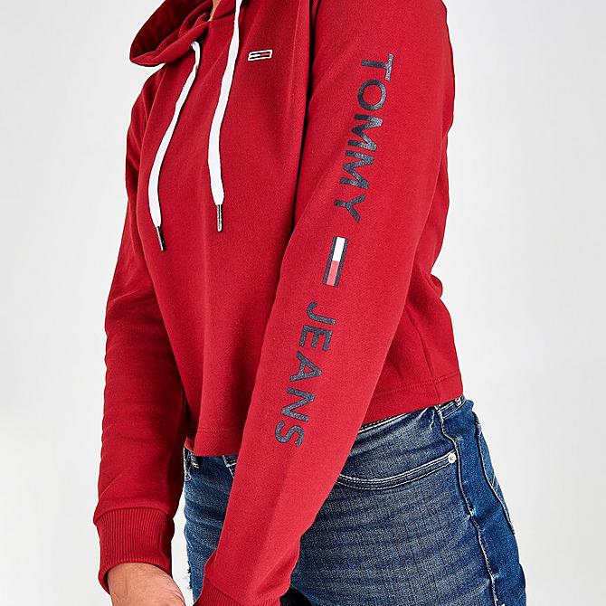 On Model 6 view of Women's Tommy Hilfiger Flag Logo Pullover Hoodie in Sundried Tomato Click to zoom